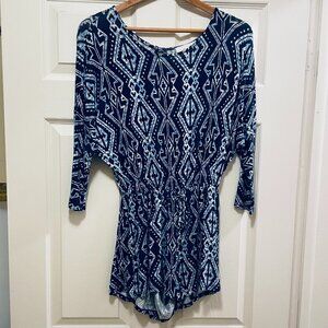 PUELLA Blue Geometric Boho 3/4 Length Dolman Sleeves Drawstring Waist Ro…